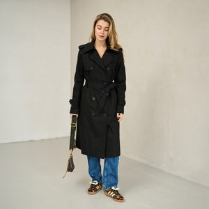 Black cotton trench coat, Long trench overcoat, Fall spring jacket with belt, Oversized lined double-breasted trench coat