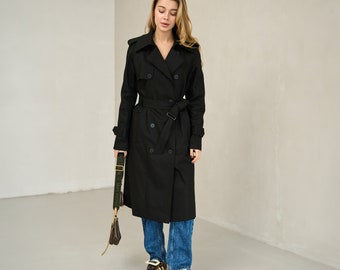 Black cotton trench coat, Long trench overcoat, Fall spring jacket with belt, Oversized lined double-breasted trench coat