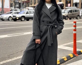Gray Plaid Wool Coat, Long Maxi Wrap Coat, Lined Warm Winter