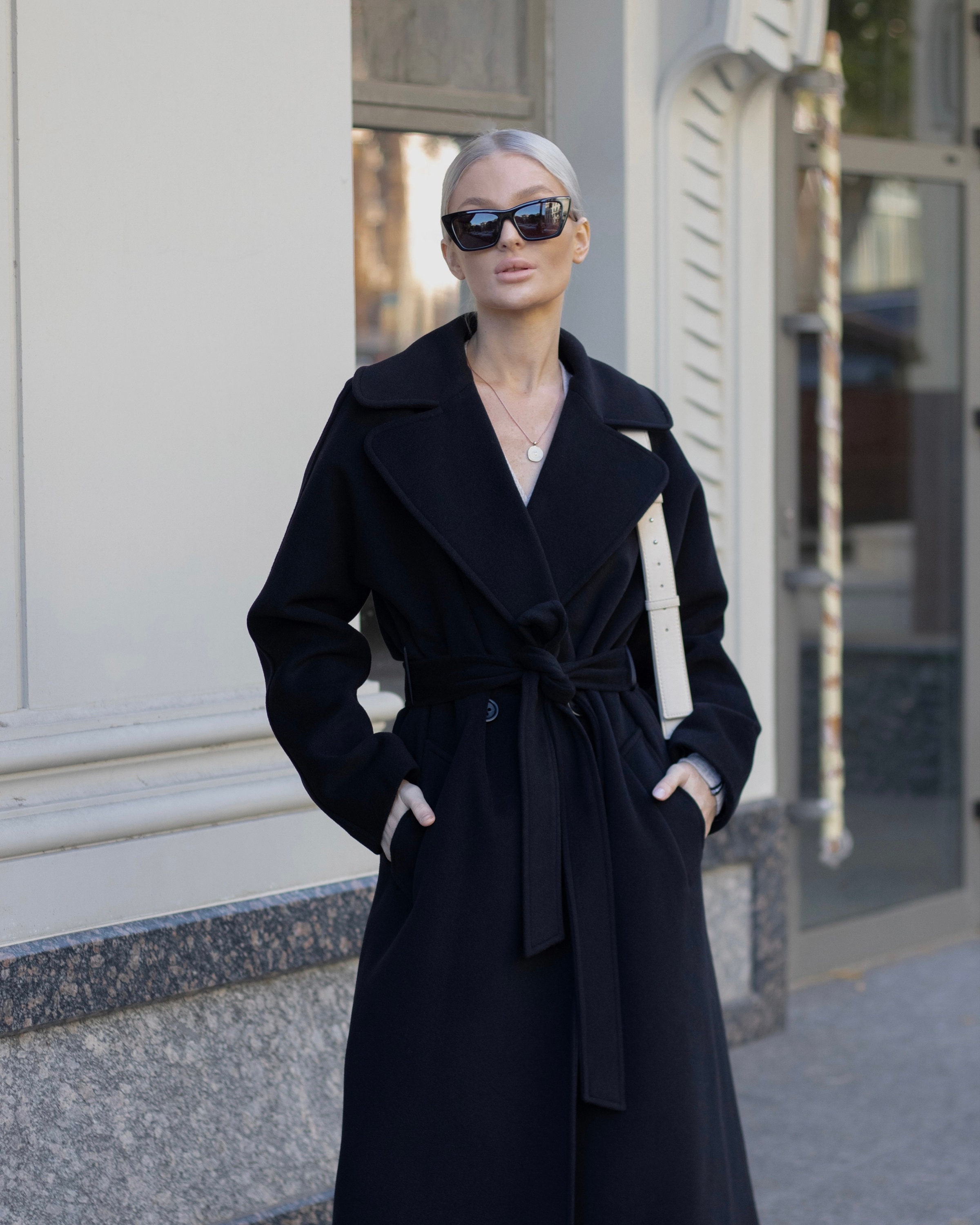 Soft Black Wool Blend Coat With Cashmere, Luxury Wrap Wool Coat