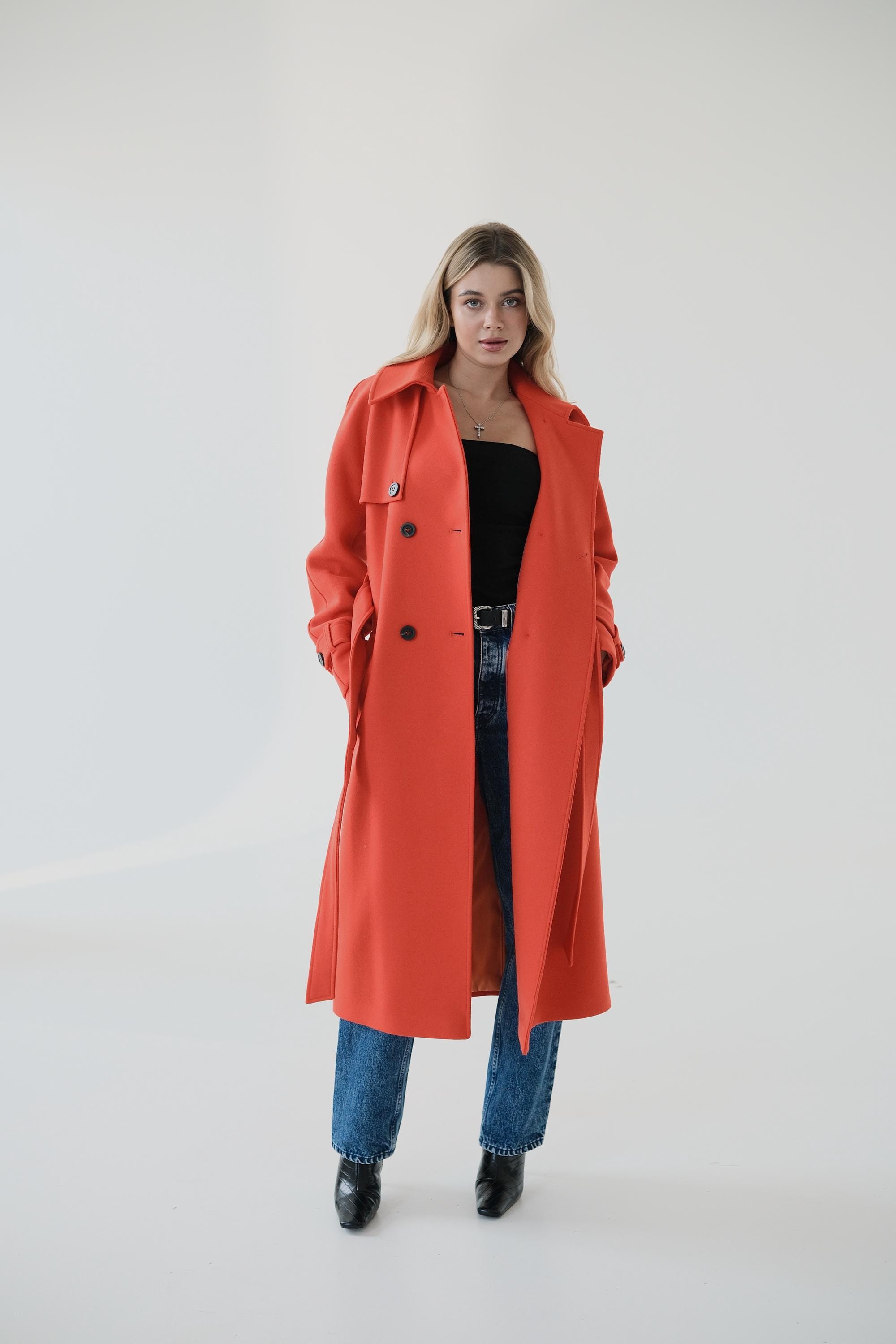 Orange Wool Trench Coat, Bright Orange Long Wool Coat Women