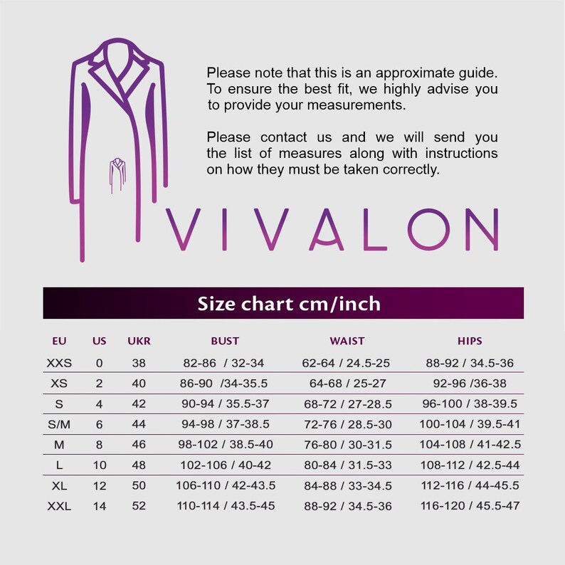 May include: Size chart for women's clothing in US, UKR, and EU sizes. The chart shows bust, waist, and hip measurements in inches and centimeters.