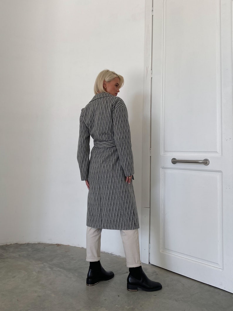 Striped gray wool coat, Wool Coat women, Lined fall winter coat, Single-breasted overcoat, Long oversized jacket, Drop shoulder coat /Alya image 5