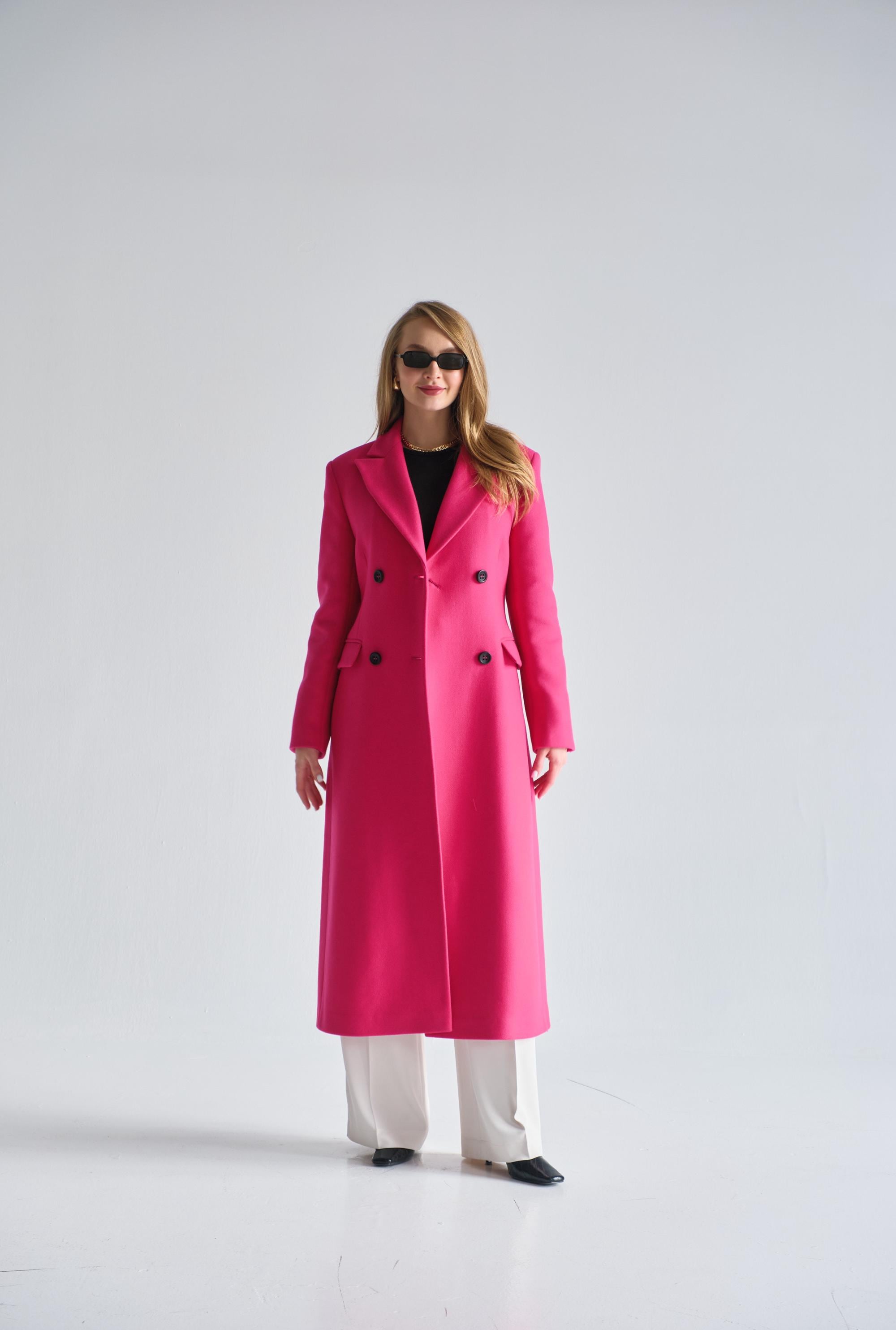 Hot Pink Fitted Wool Coat, Long Slim Fit Maxi Coat, Tailored