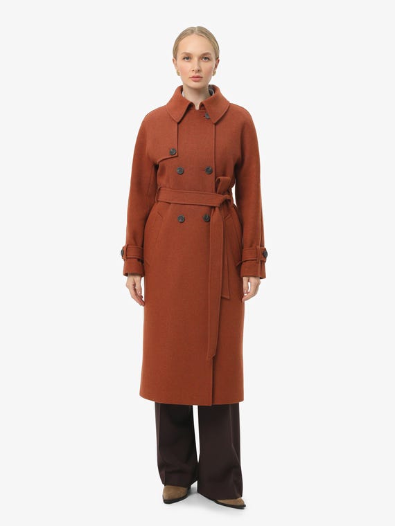 Terracotta Wool Trench Coat, Burnt Orange Long Belted Winter
