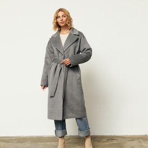 Gray alpaca wool coat, Heather grey warm winter coat, Long single-breasted overcoat, Luxury heavyweight 100% pure wool coat with belt /Alya