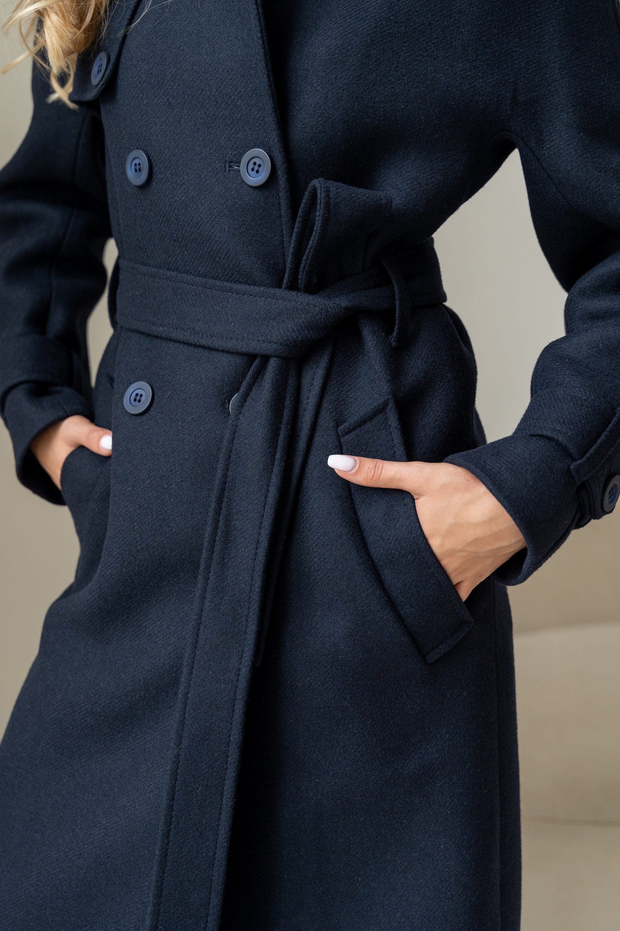 Navy Wool Trench Coat, Wool Coat Women, Long Trench Coat