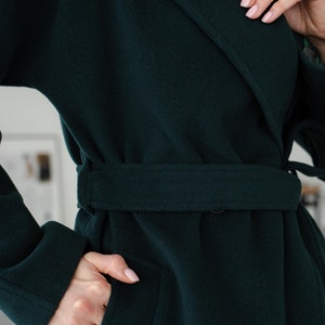 Long dark green wool coat, Emerald green overcoat, Lined fall winter coat, Double breasted wrap coat with belt /Jaklin image 4