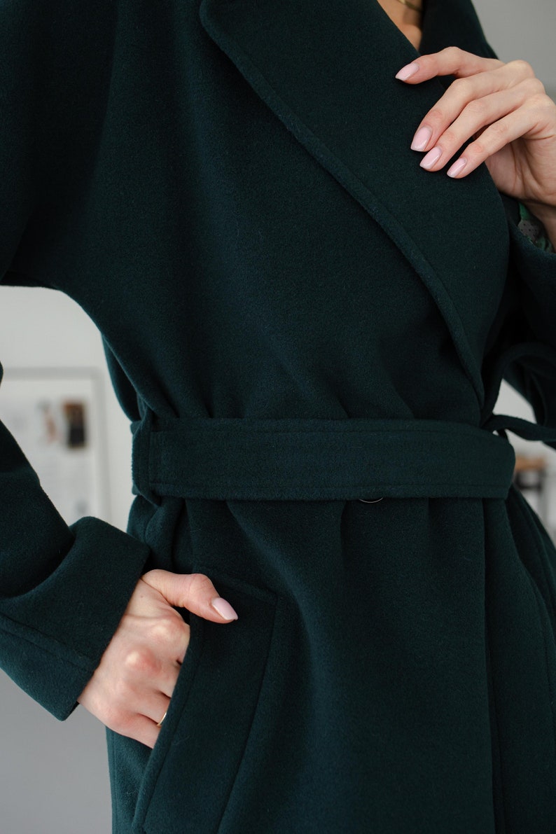 Long dark green wool coat, Emerald green overcoat, Lined fall winter coat, Double breasted wrap coat with belt /Jaklin image 4