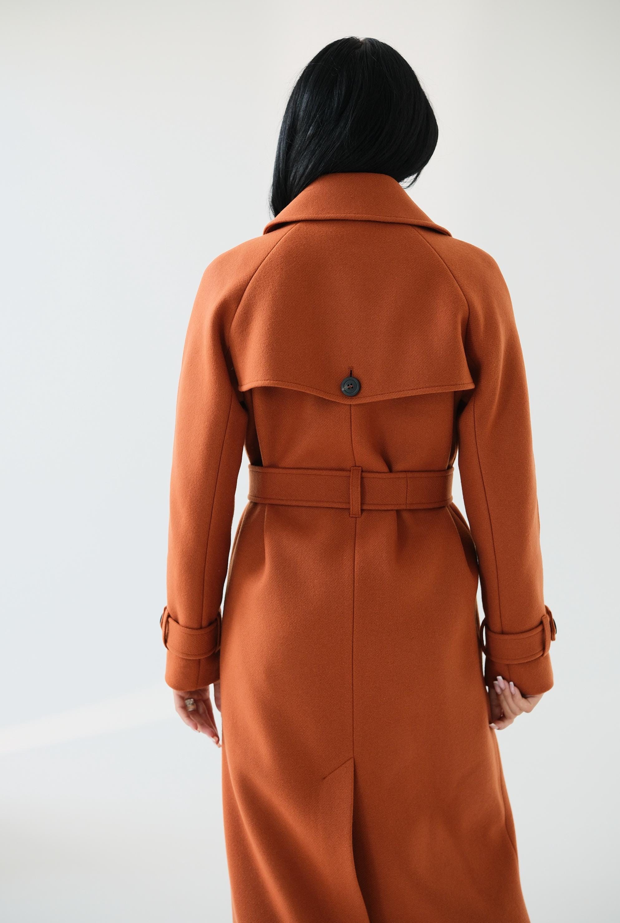 Burnt Orange Wool Trench Coat, Terracotta Long Wool Coat