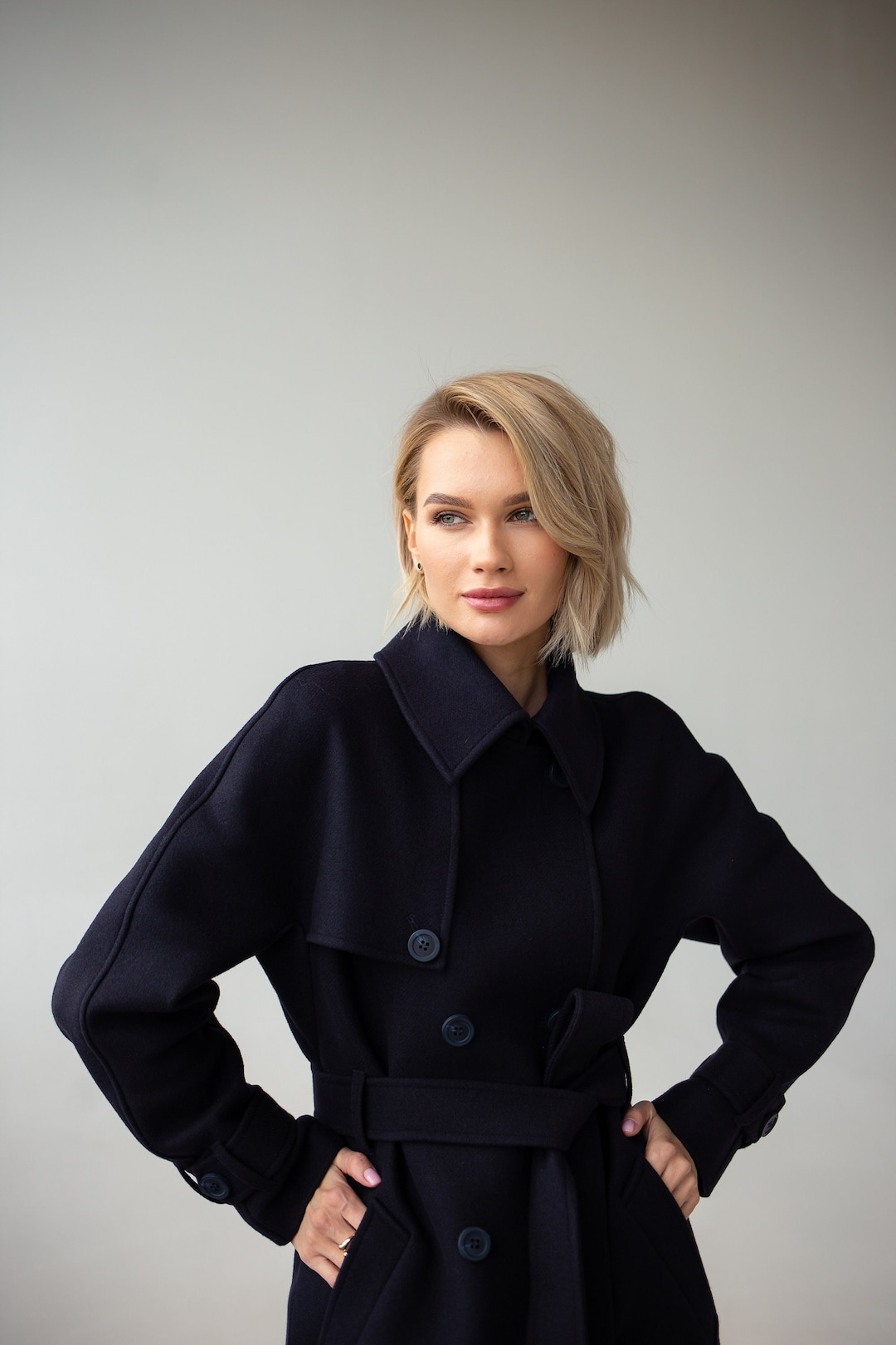 Navy Wool Trench Coat, Wool Coat Women, Raglan Coat, Warm Winter