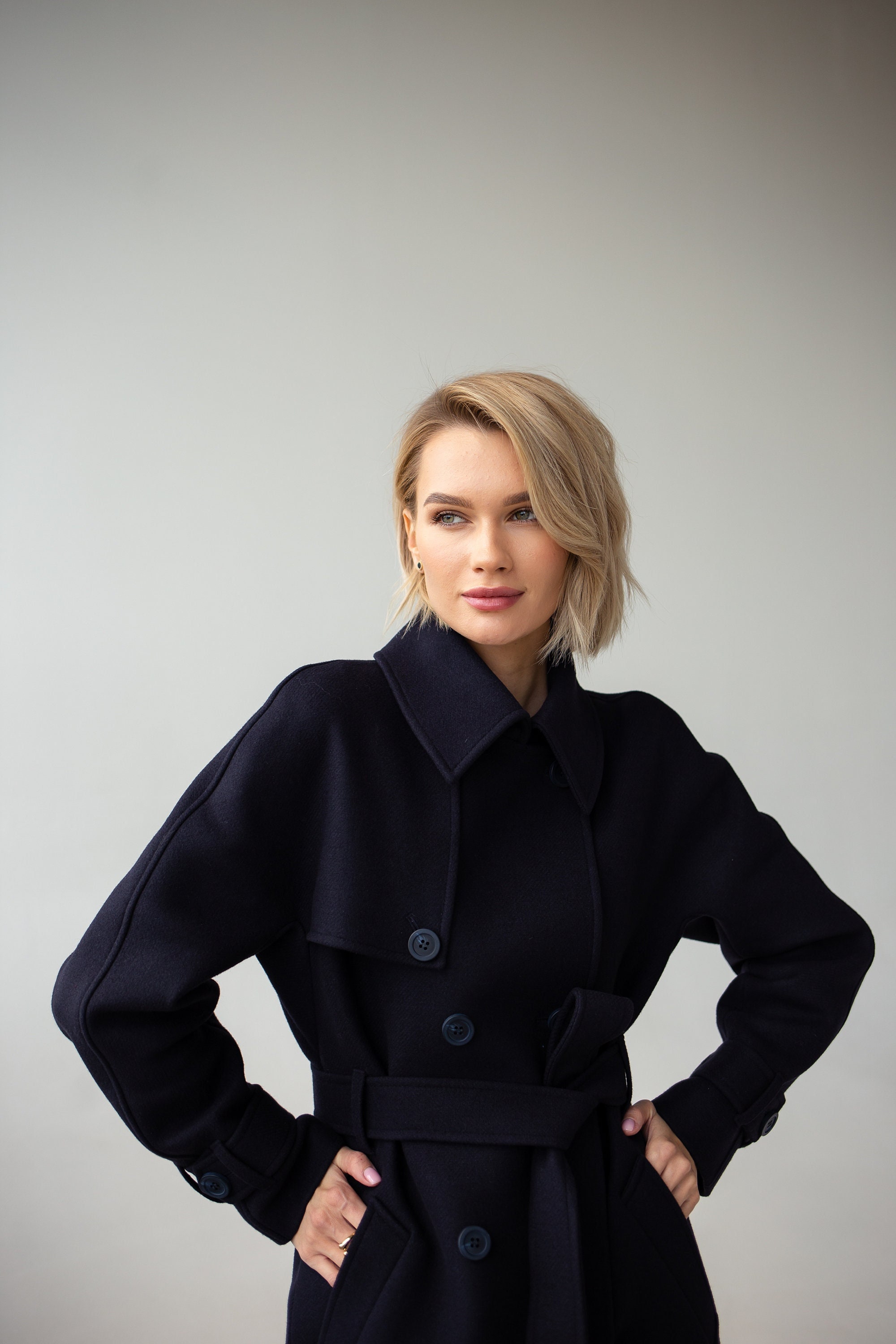 Navy Wool Trench Coat, Wool Coat Women, Raglan Coat, Warm Winter