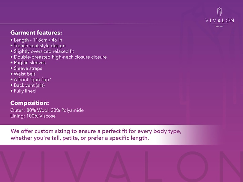 May include: A purple and white text graphic with the text "VIVALON" and a description of garment features and composition. The garment features include a length of 118 cm, a trench coat style design, a slightly oversized relaxed fit, a double-breasted high-neck closure, raglan sleeves, sleeve straps, a waist belt, a front "gun flap", a back vent, and a fully lined design. The composition is 80% wool and 20% polyamide for the outer layer and 100% viscose for the lining.