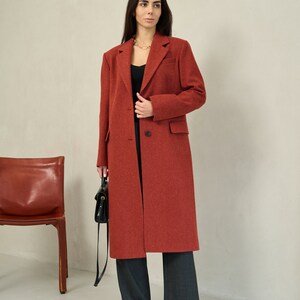 Terracotta long wool coat, Single-breasted rust power shoulder overcoat, Oversized fall coat, Boyfriend burnt orange red winter coat