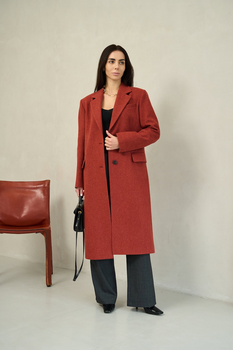Terracotta long wool coat, Single-breasted rust power shoulder overcoat, Oversized fall coat, Boyfriend burnt orange red winter coat