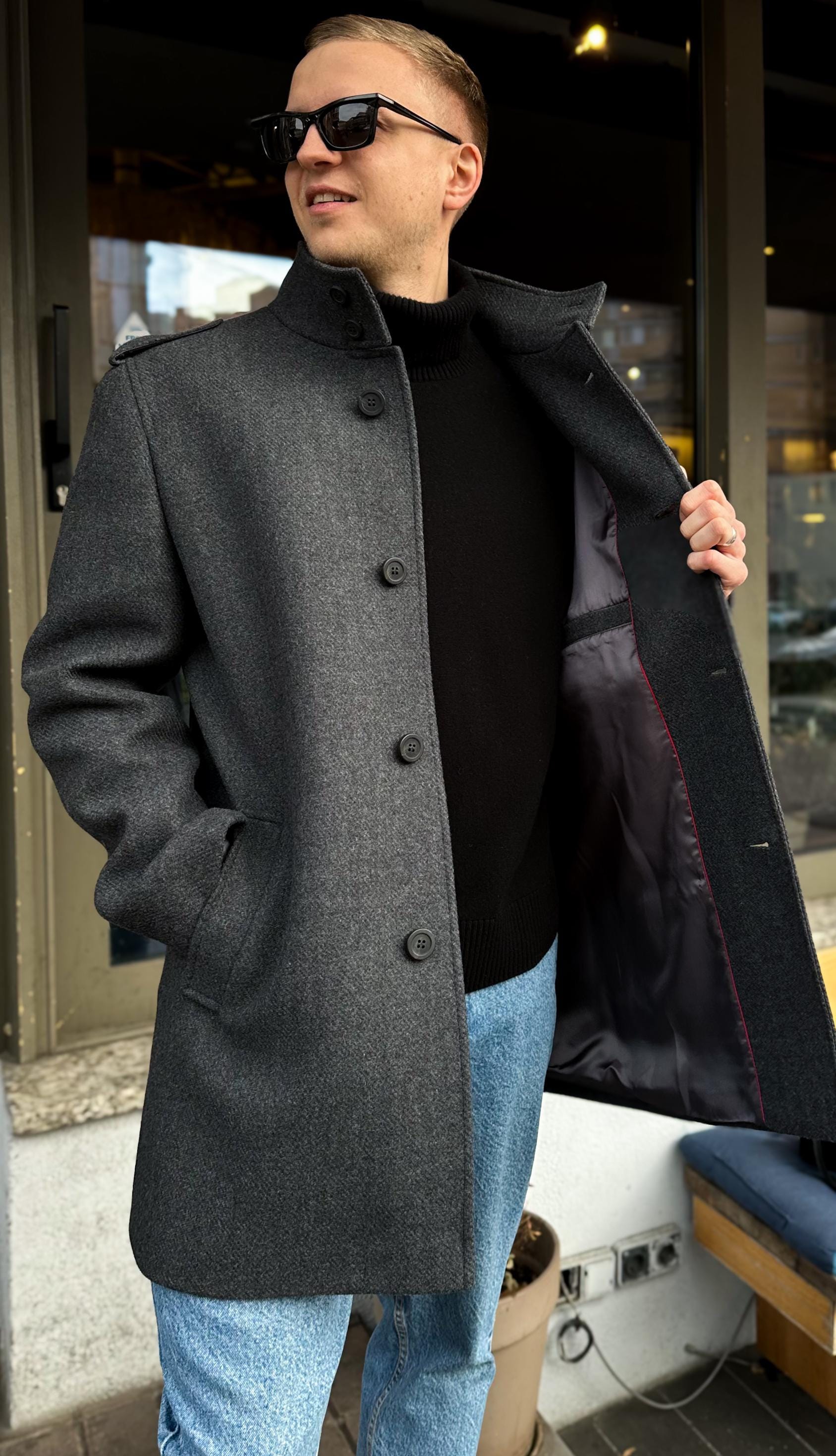 ジャケット・アウター volume wool tailored coat charcoal gray Men's Charcoal Gray Wool Coat, Single-breasted Overcoat With Stand