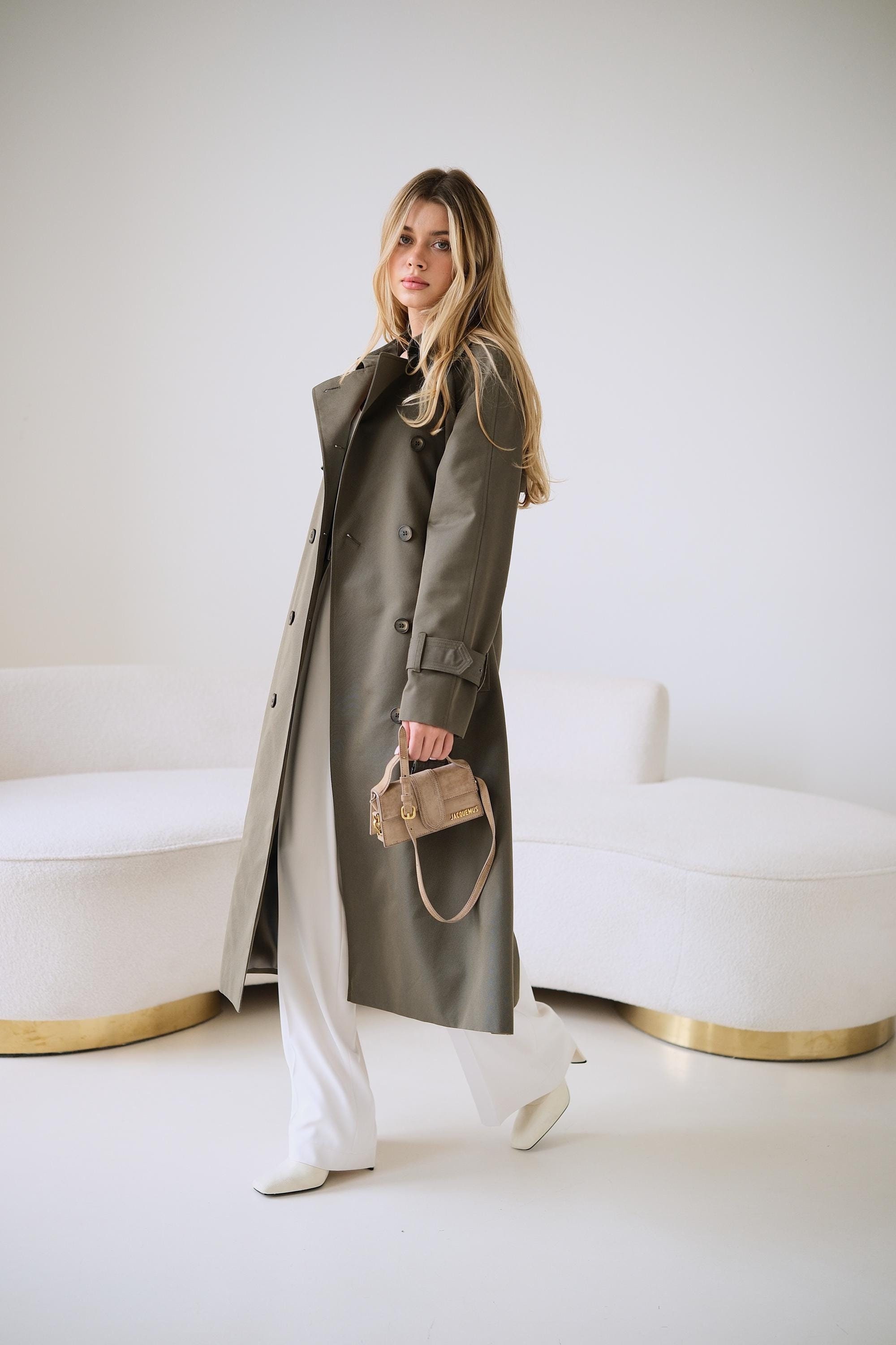 Khaki Green Maxi Trench Coat, Olive Sage Green Trench Coat, Long