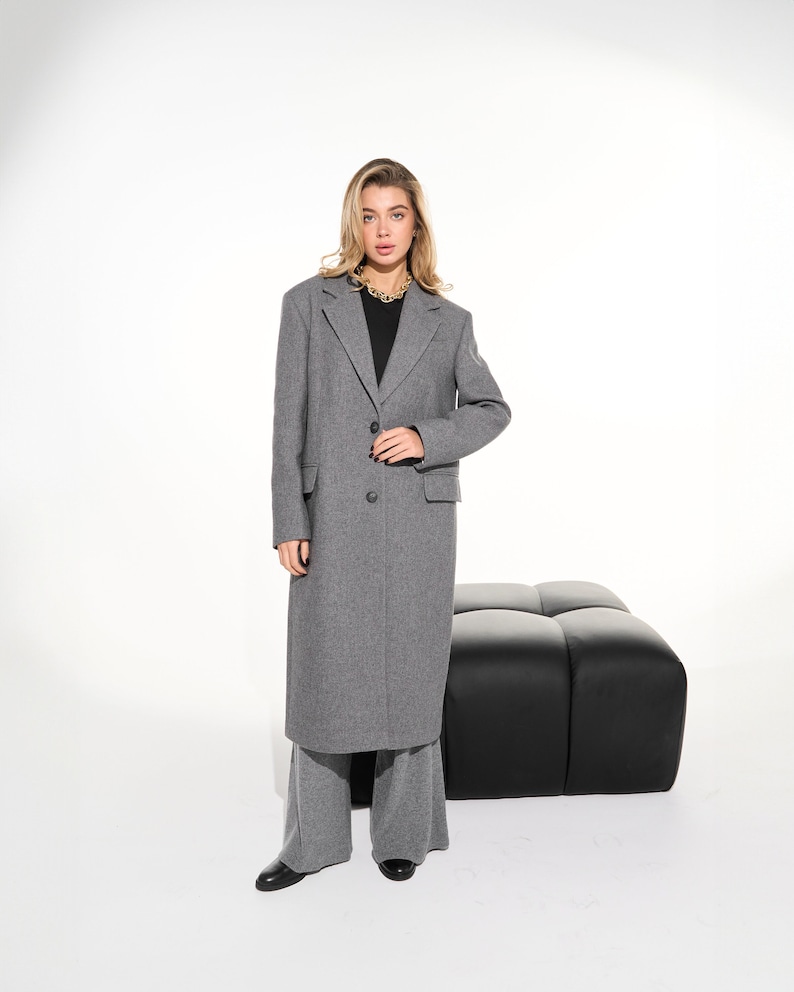 Light gray wool coat, Single-breasted power shoulder overcoat, Long oversized fall autumn coat, Boyfriend warm winter coat