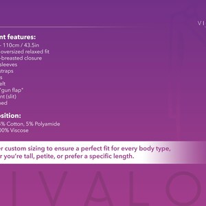 May include: A purple and white product description for a blazer with details about the garment features and composition. The text includes "Garment features:" and "Composition:" with a list of features and materials. The text also includes "We offer custom sizing to ensure a perfect fit for every body type, whether you're tall, petite, or prefer a specific length."
