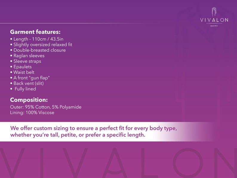 May include: A purple and white product description for a blazer with details about the garment features and composition. The text includes "Garment features:" and "Composition:" with a list of features and materials. The text also includes "We offer custom sizing to ensure a perfect fit for every body type, whether you're tall, petite, or prefer a specific length."