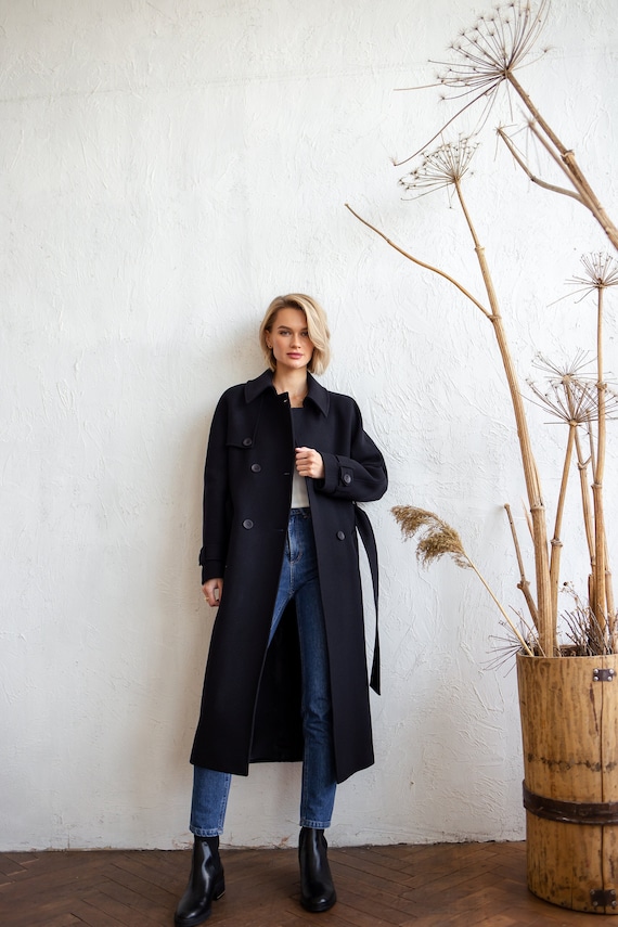 Womens long black wool trench Coat 1122# Womens long black wool trench Coat 1122#