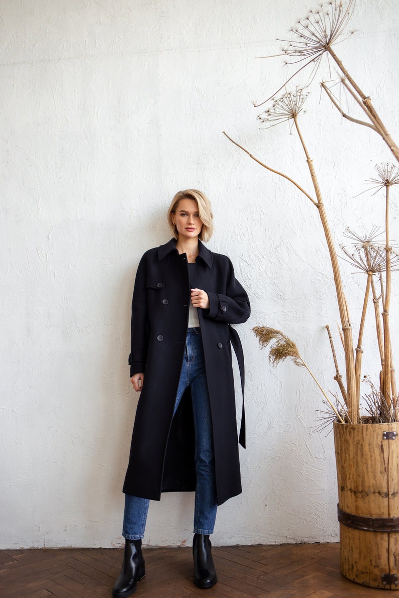 Black wool trench coat, Wool coat women, Winter trench coat, Warm winter coat, Oversized with belt, Raglan overcoat, Lined coat