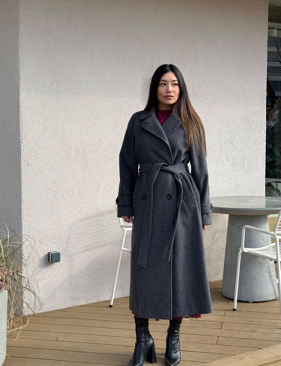 Plaid Maxi Gray Wool Coat, Long Grey Wrap Coat, Lined Warm Winter