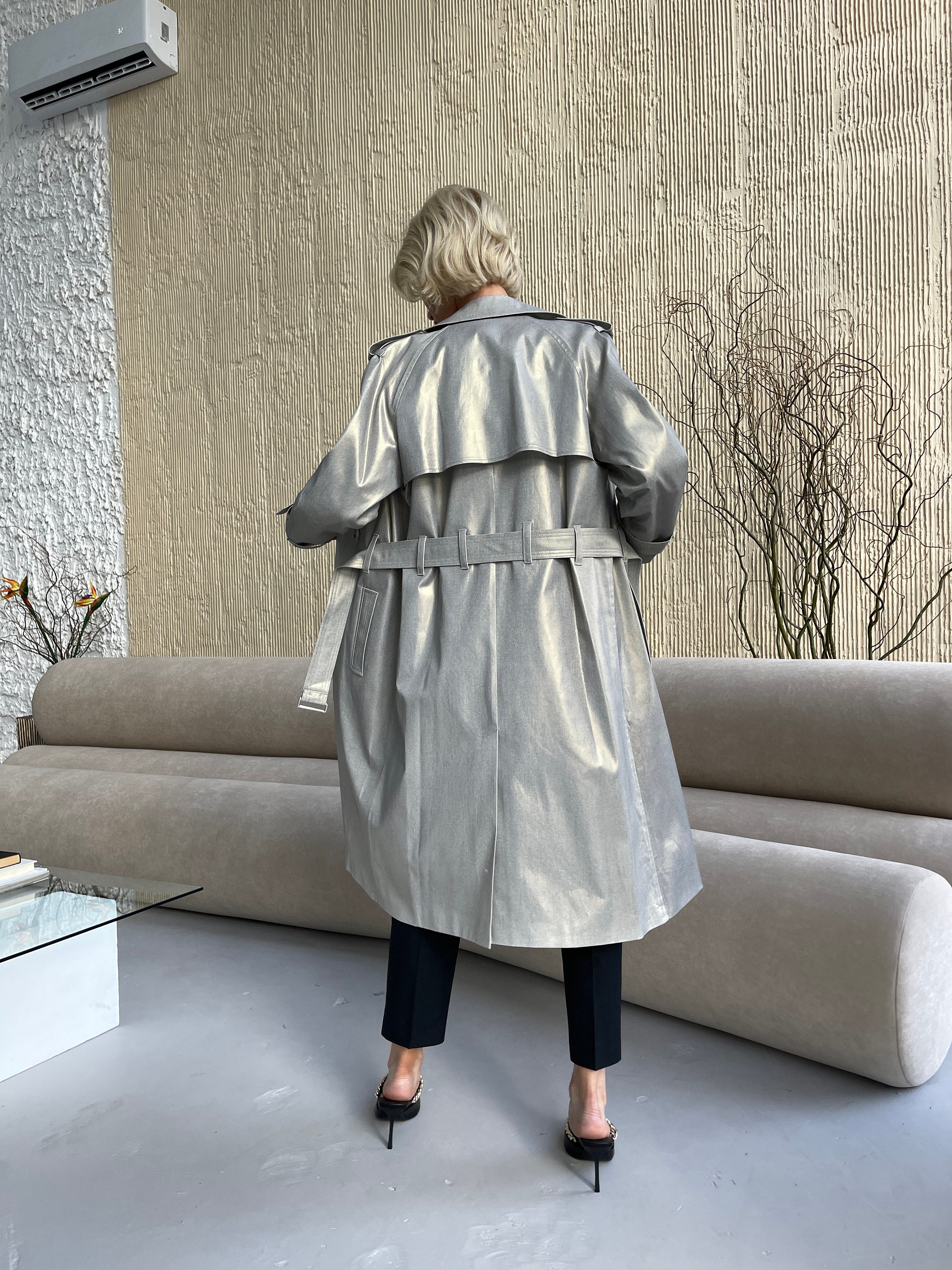 Silver Metallic Trench Coat, Trench Coat Women, Long Stylish Silver Metallic Trench Coat, Trench Coat Women, Long Stylish