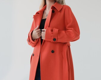 Orange Wool Trench Coat, Bright Orange Long Wool Coat Women