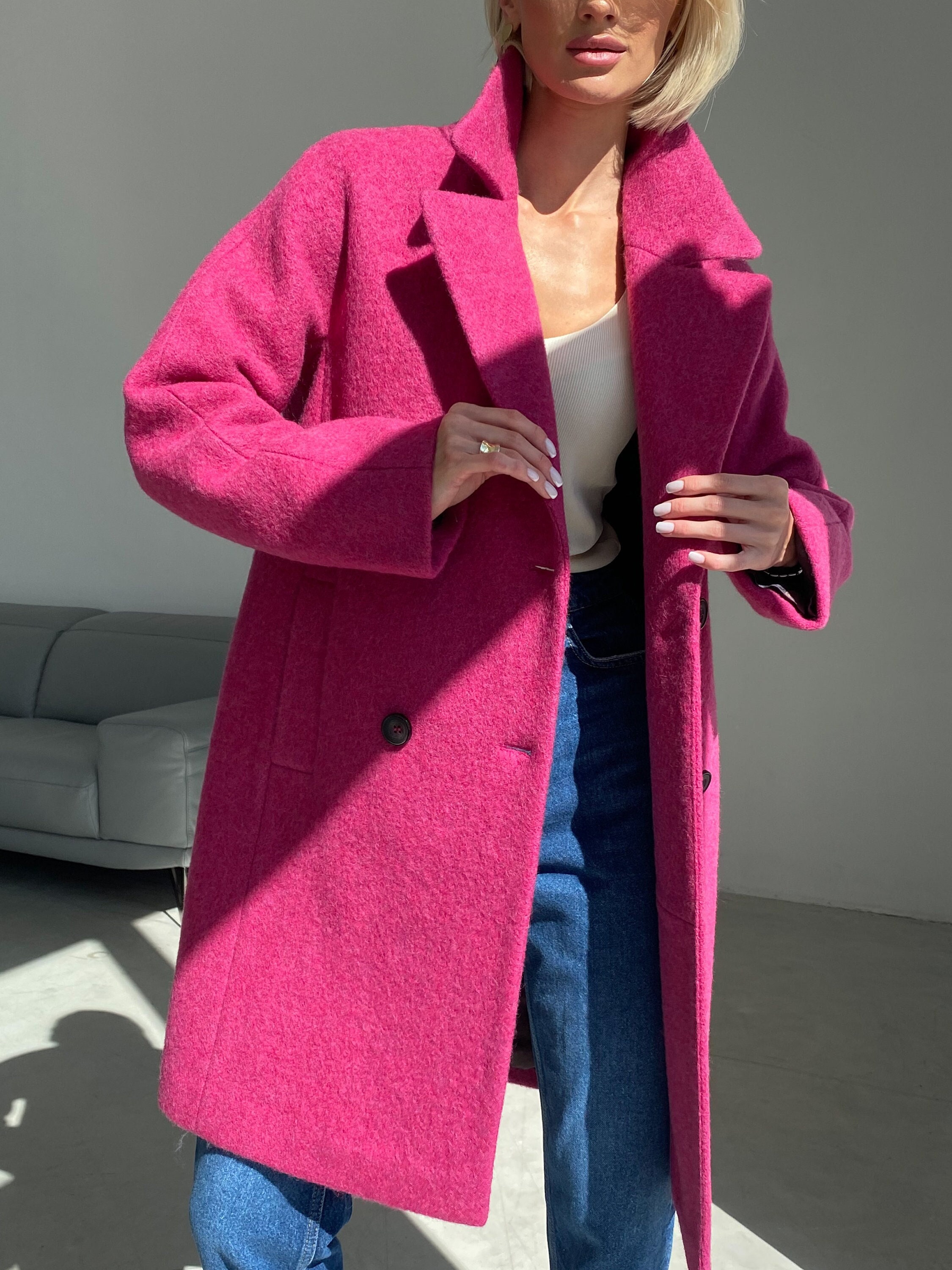 Women Hot Pink Wool Belt Long Coat Winter Cashmere Lapel Trench