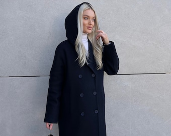 Navy Wool coat with Hood, Oversized Lined Winter Coat /Dina
