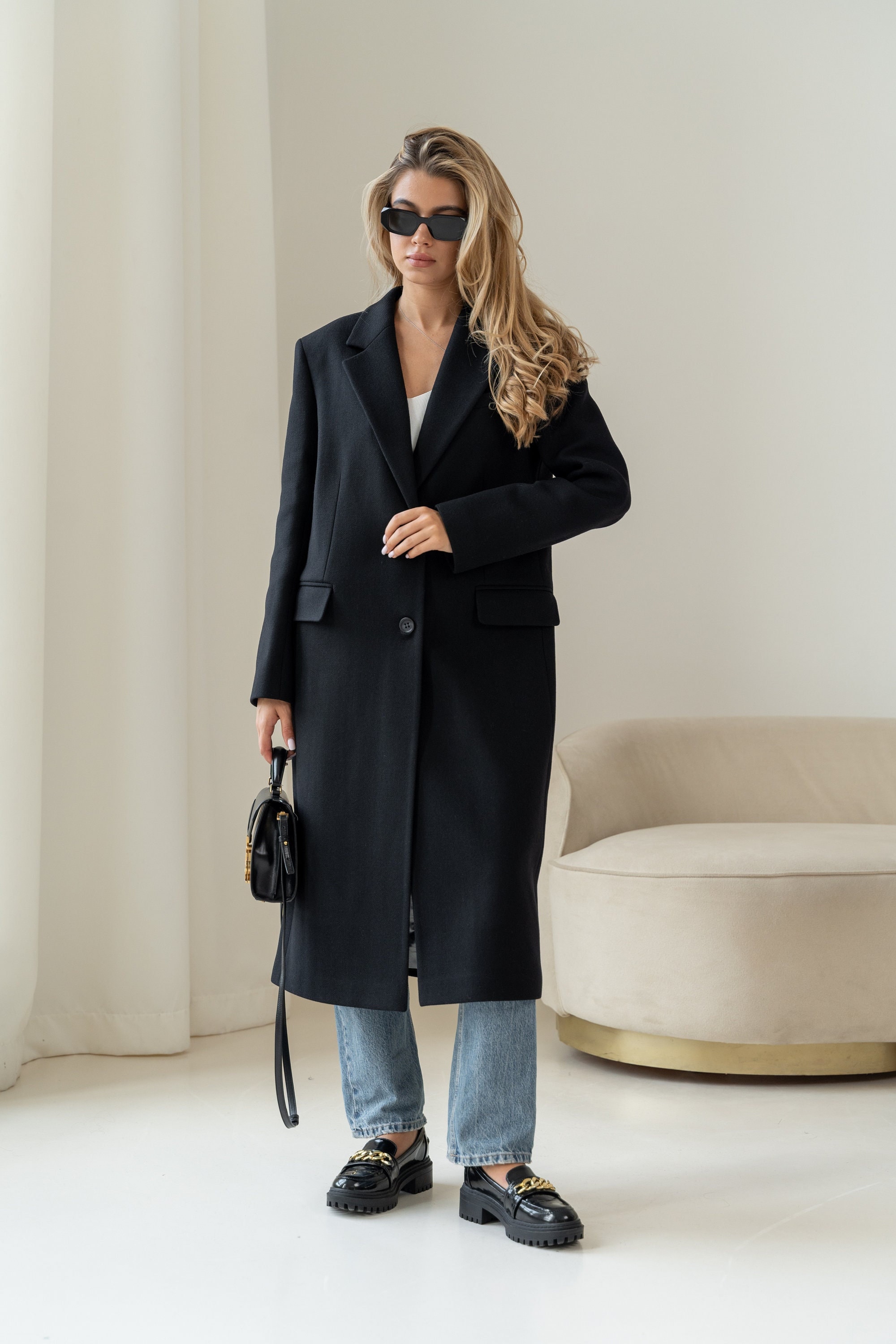 Long Black Wool Coat, Single-breasted Power Shoulder Overcoat