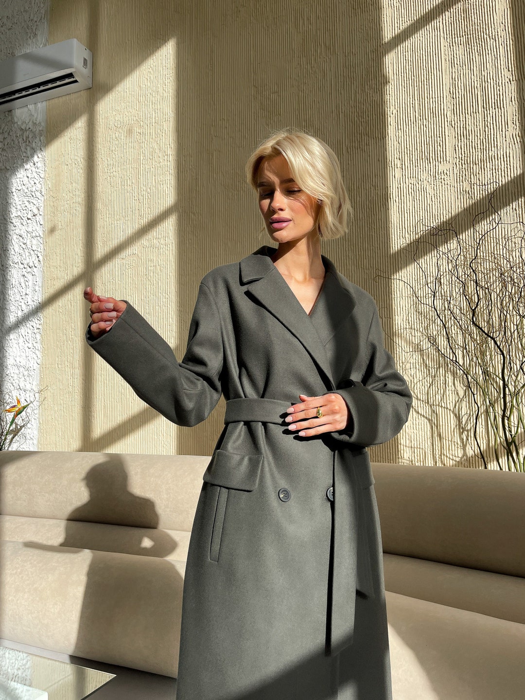 Charcoal Grey Wool Coat, Women Gray Long Coat, Doublebreasted Winter