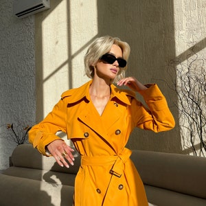 Yellow orange trench coat, Waterproof trench coat, Spring trench coat, Cotton trench, Lined jacket, Oversized coat, Long trench coat