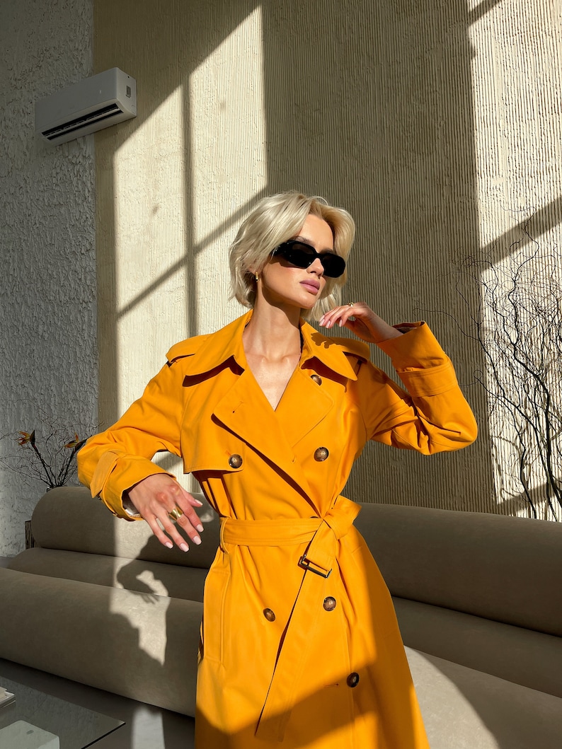 Yellow orange trench coat, Waterproof trench coat, Spring trench coat, Cotton trench, Lined jacket, Oversized coat, Long trench coat