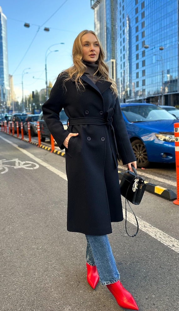 Navy Blue Wool Coat, Long Double-breasted Woolen Coat With Belt