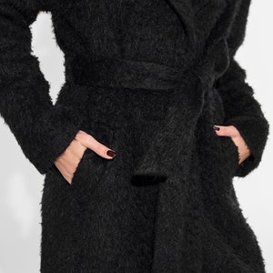 Black alpaca wool coat, Warm lined winter coat, Long single-breasted overcoat,Luxury heavyweight 100% alpaca wool blend coat with belt /Alya image 2
