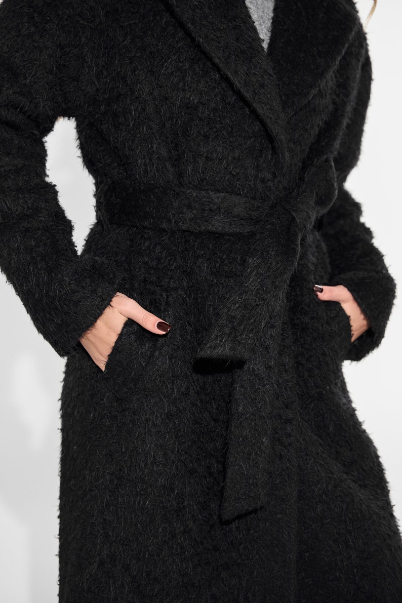 Black alpaca wool coat, Warm lined winter coat, Long single-breasted overcoat,Luxury heavyweight 100% alpaca wool blend coat with belt /Alya image 2