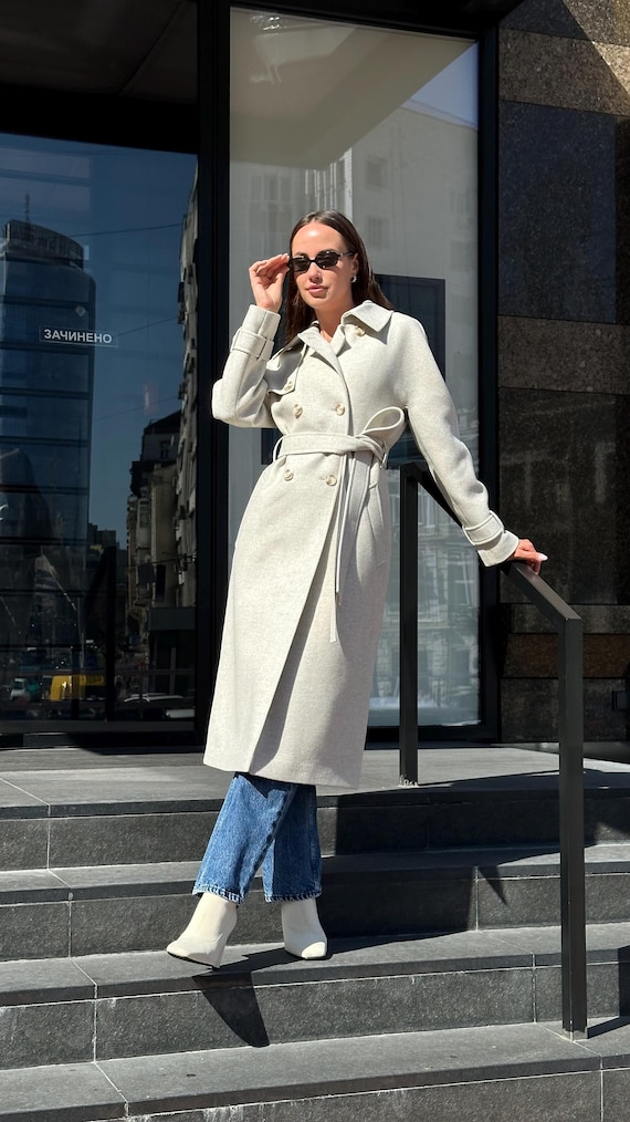 beige long wool trench