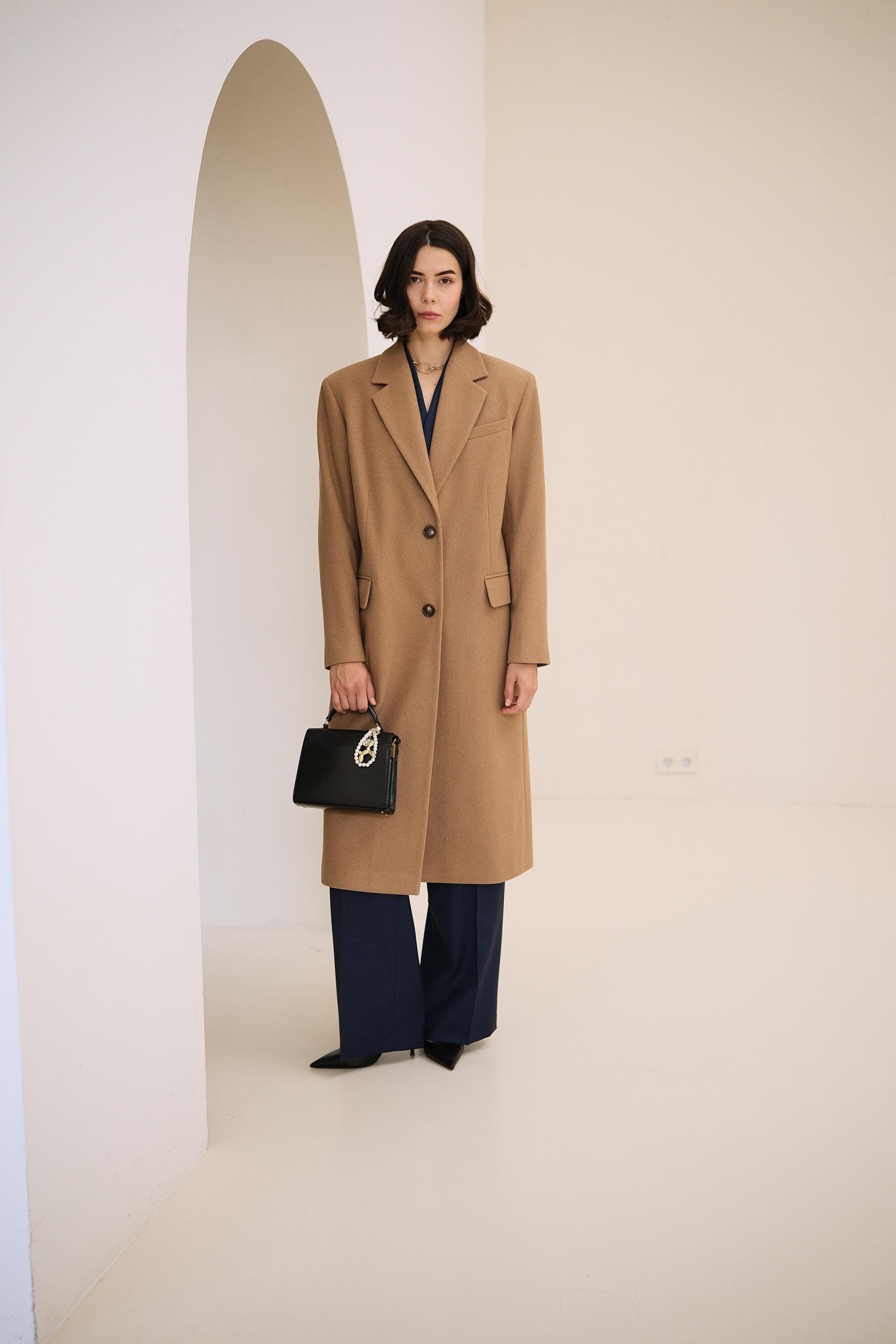 Long Camel Wool Coat, Single-breasted Power Shoulder Overcoat