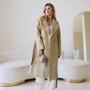 Beige cashmere coat, Long taupe 100% wool coat, Light beige wrap overcoat with belt, Warm winter pure wool coat /Jaklin