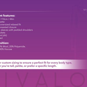May include: A purple and white text description of a garment's features and composition. The text includes the length of the garment, the silhouette, the fit, the closure, the sleeves, the pockets, the vent, the lining, and the fabric composition. The text also includes the brand name "VIVALON".