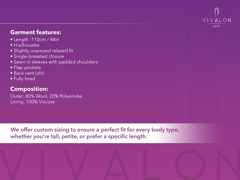 May include: A purple and white text description of a garment's features and composition. The text includes the length of the garment, the silhouette, the fit, the closure, the sleeves, the pockets, the vent, the lining, and the fabric composition. The text also includes the brand name "VIVALON".