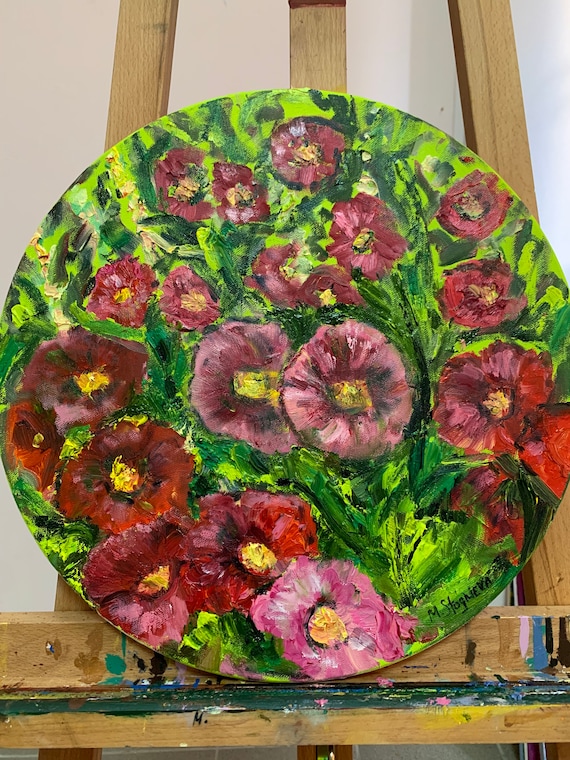 Mallows Flowers original Oil Painting on Round Canvas Etsy