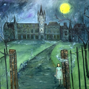 Haunted castle ,Old castle, mystical plot, a girl with a doll, large original oil painting . Artist: Marina Strgnieva. author&#39;s idea