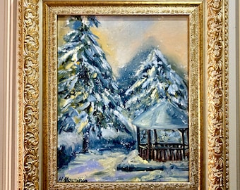 Winter Spruce Oil Painting, Framed Snowy Landscape, Ukrainian Artist