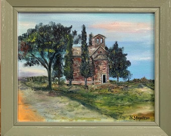 Framed Tuscany Painting, Italian Landscape, Cypress Trees Impressionism