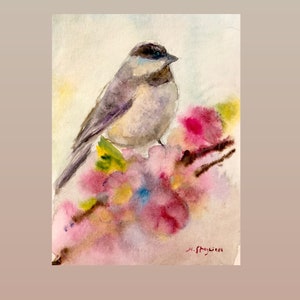 Bird on a flowering tree, original watercolor painting, by Ukrainian artist Marina Stognieva, spring , flowers, May