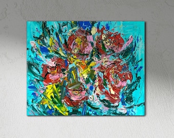 Red Roses Impasto Painting, Floral Abstract Art on Canvas, 15.74x19.68