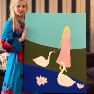 白鳥と少女のアクリル画、自然風景画、マリーナ・ストグニエヴァ